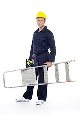 Image showing Repairman holding stepladder, ready to go to work