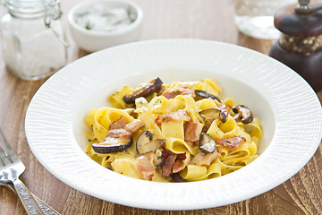 Image showing Fettuccine with bacon and mushroom in carbonara sauce