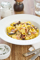 Image showing Fettuccine with bacon and mushroom in carbonara sauce