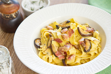 Image showing Fettuccine with bacon and mushroom in carbonara sauce