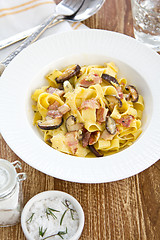 Image showing Fettuccine with bacon and mushroom in carbonara sauce