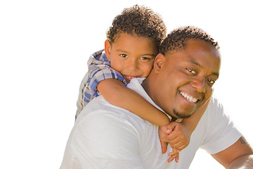 Image showing Mixed Race Father and Son Playing Piggyback On White