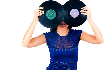 Image showing Pretty girl holding 2 vinyl disc