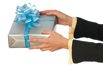 Image showing grey box with blue bow as a gift