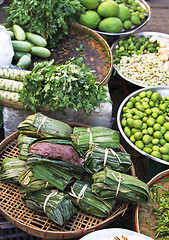 Image showing Vegetables and food stall in a Market,Burma