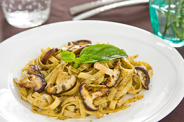 Image showing Fettucine with mushroom in pesto sauce