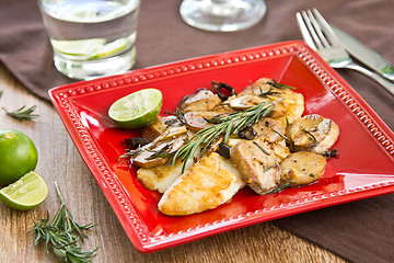 Image showing Grilled Dory fish with sauté mushroom