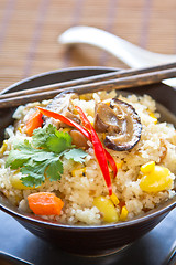 Image showing Fried sticky rice with mushroom and vegetables