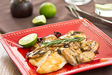 Image showing Grilled Dory fish with sauté mushroom