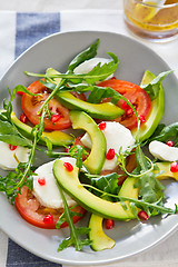 Image showing Avocado with mozzarella,pomegranate and rocket salad