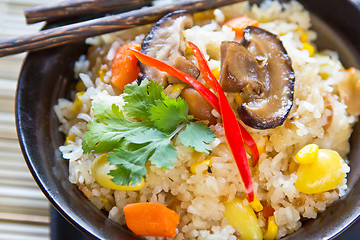 Image showing Fried sticky rice with mushroom and vegetables