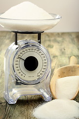 Image showing Kitchen scales. Measure of the weight of sugar.