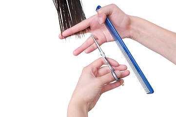 Image showing hairdresser cutting young woman