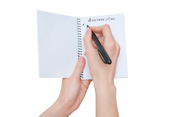 Image showing business woman writes business plan