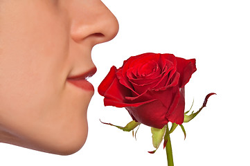 Image showing Young woman smelling red rose
