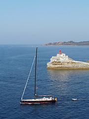 Image showing Bonifacio august 2012, sailboat leaving the bay