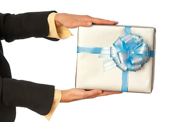 Image showing grey box with blue bow as a gift