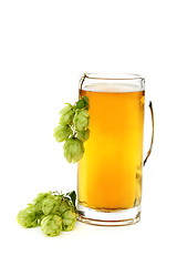 Image showing Glass with beer and hop cones.