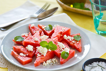 Image showing Watermelon with Feta cheese salad