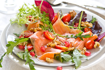 Image showing Smoked salmon with pomegranate and walnut salad