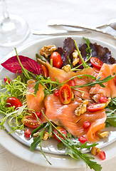 Image showing Smoked salmon with pomegranate and walnut salad