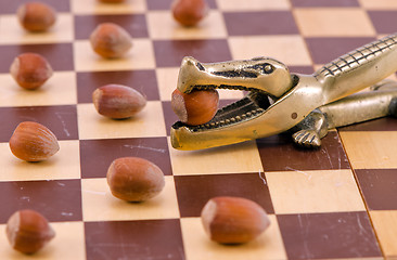 Image showing Gold crocodile nut crush tool on chess board 