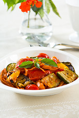 Image showing Fettuccine with grilled vegetables in tomato sauce