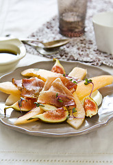 Image showing Fig with Prosciutto,Melon and Mozzarella antipasti