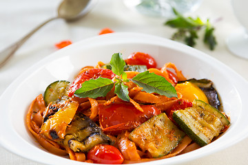 Image showing Fettuccine with grilled vegetables in tomato sauce