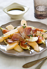 Image showing Fig with Prosciutto,Melon and Mozzarella antipasti