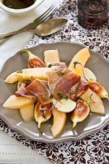 Image showing Fig with Prosciutto,Melon and Mozzarella antipasti