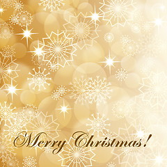 Image showing Gold christmas background with white snowflakes and fireworks, EPS10