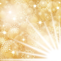 Image showing Gold christmas background with white snowflakes and fireworks, EPS10