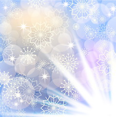 Image showing Christmas background with white snowflakes and fireworks