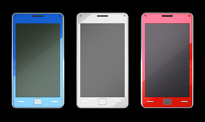 Image showing Smart phones in red blue and white colours over black 