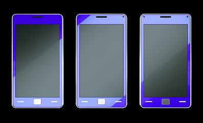 Image showing Three smart phones in blue colour over black