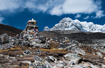 Image showing Tombstones or chorten for climber who died in Himalayas