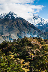 Image showing Lhotse, Lhotse shar peaks village and forest in Himalayas