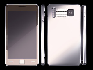 Image showing Smart phone: front, side and rear views on black