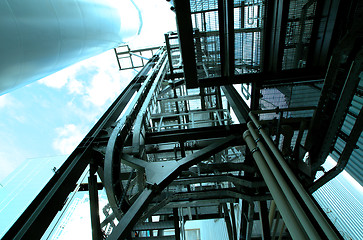 Image showing Industrial zone, Steel pipelines and cables in blue tones  