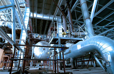 Image showing Industrial zone, Steel pipelines in blue tones  