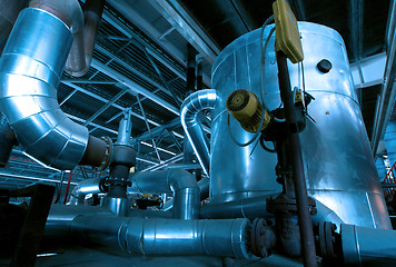 Image showing Industrial zone, Steel pipelines and cables in blue tones