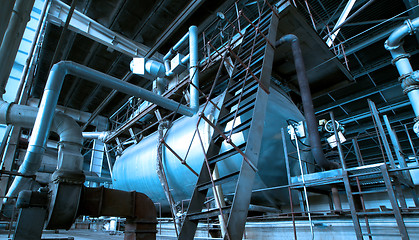 Image showing Industrial zone, Steel pipelines and cables in blue tones