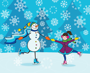 Image showing Girl with snowman skating