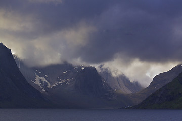 Image showing Fjord in heavy clouds