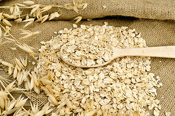 Image showing Oat flakes in spoon on sacking