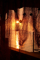 Image showing Wonderful sea sunset with palm tree silhouettes and fishing nets