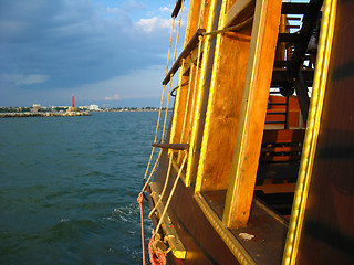 Image showing View to the sea and coast from the wooden ship