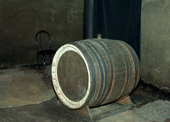 Image showing Old wine barrels, wine cellar