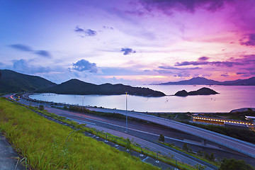 Image showing Traffic highway in Hong Kong at sunset